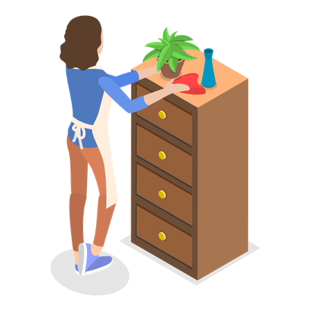 Mother cleaning dust from house furniture  Illustration