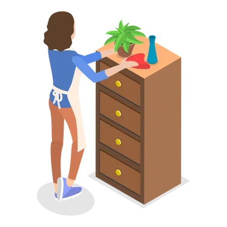 Mother cleaning dust from house furniture  Illustration