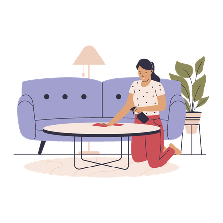 Mother cleaning sofa table in room  Illustration