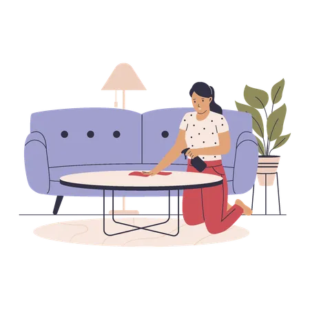 Mother cleaning sofa table in room  Illustration