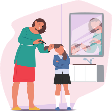 Mother combing hair of little schoolgirl suffering from pediculosis dermatology problem  Illustration