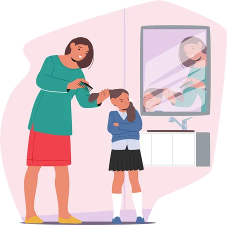 Mother combing hair of little schoolgirl suffering from pediculosis dermatology problem  Illustration