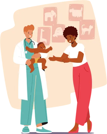 Mother Comforts Fussy Baby On Doctor Hands Before Checkup Pediatrician Character Assesses Babys Growth And Development Providing Advice To Support Healthy Infant Milestones Vector Illustration Illustration