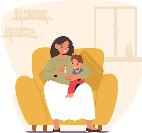 Mother Controls Child Diabetes Female Parent Character Sitting On Couch Monitoring Baby Blood Sugar Administering Insulin Ensuring Check Ups For Optimal Health Cartoon People Vector Illustration Illustration