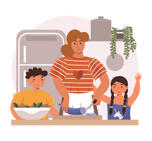 Mother cooking food with kids Illustration