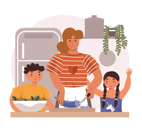 Mother cooking food with kids  Illustration