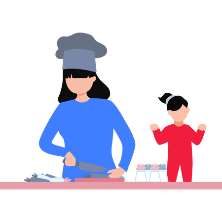Mother Cooking For Little Girl  Illustration