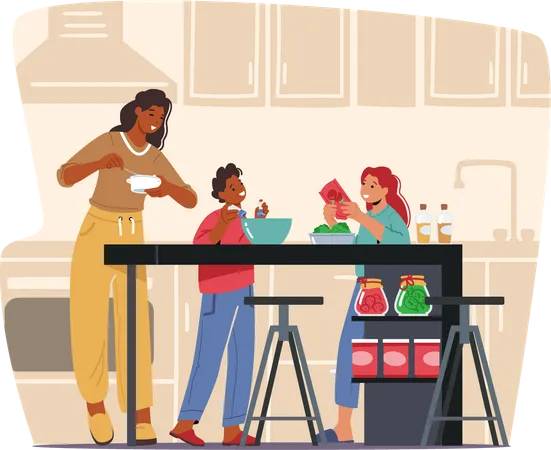 Mother cooking meal with kids in the kitchen Illustration