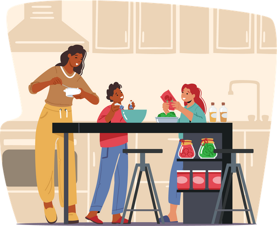 Mother cooking meal with kids in the kitchen  Illustration