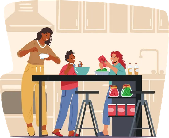 Mother cooking meal with kids in the kitchen  Illustration