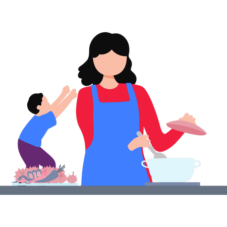 Mother Cooking Vegetables  Illustration