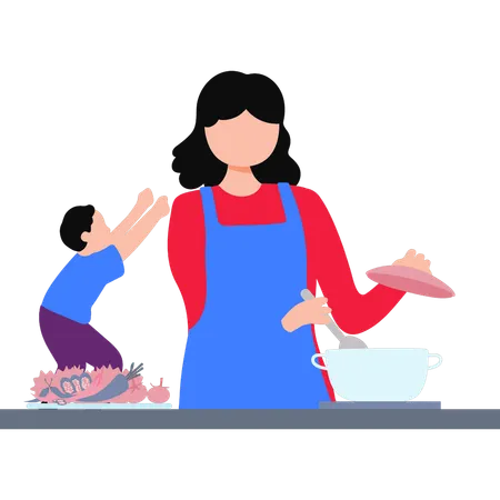 Mother Cooking Vegetables  Illustration