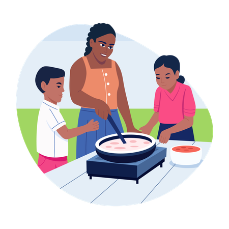 Mother cooking with children  Illustration