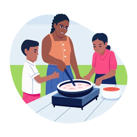 Mother cooking with children  Illustration