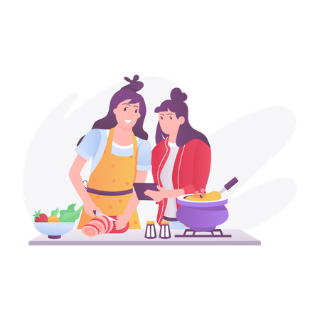 Mother cooking with daughter  Illustration