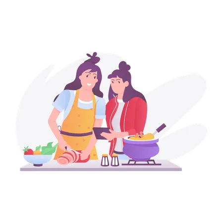 Mother cooking with daughter  Illustration