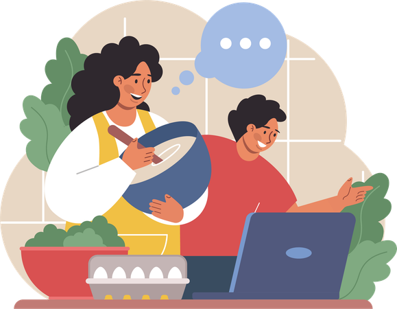 Mother cooks from online recipe  Illustration