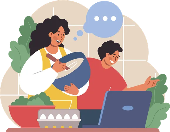 Mother cooks from online recipe  Illustration