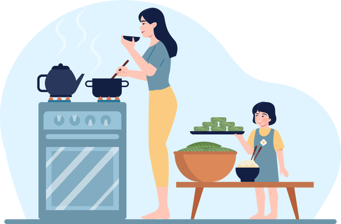 Mother cooks meal for child  Illustration