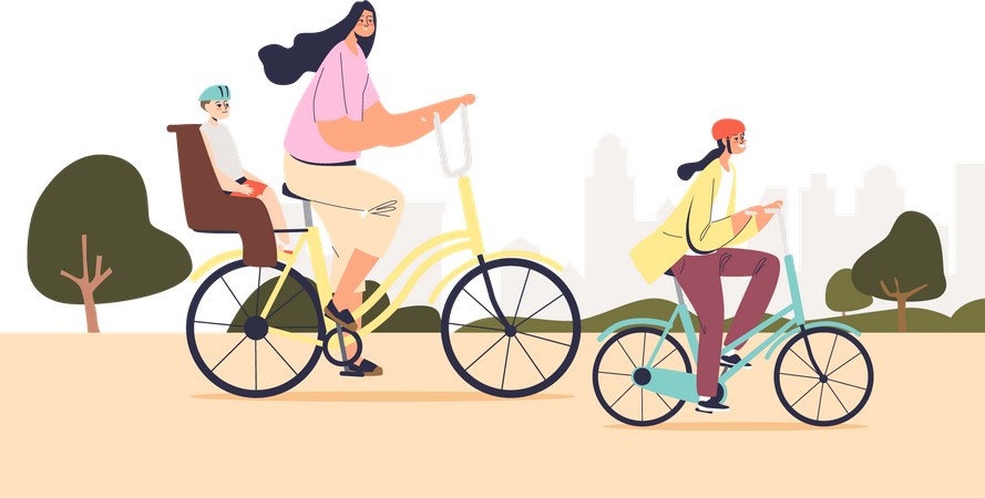 Mother cycling together with two kids  Illustration