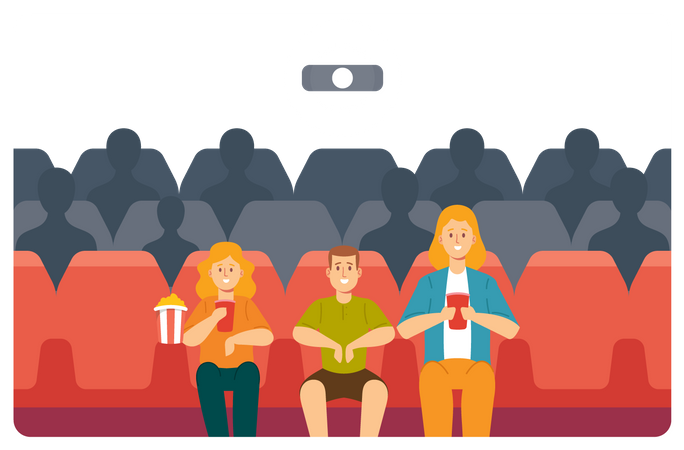 Mother, Daughter and Son Enjoying Film at Movie Theatre Illustration