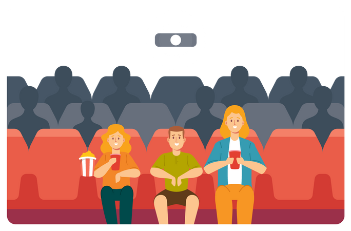 Mother, Daughter and Son Enjoying Film at Movie Theatre  Illustration