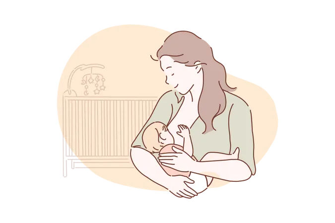 Breastfeeding Motherhood Childhood Concept New Mom Breastfeeding A Newborn Baby A Mother Loves Cares Hugs Her Child Vector Flat Design Illustration