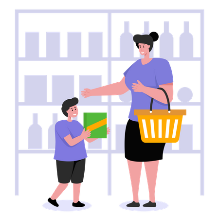 Mother doing grocery shopping with child Illustration