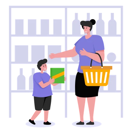 Mother doing grocery shopping with child  Illustration