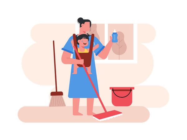 Mother doing housework while carrying kid  Illustration