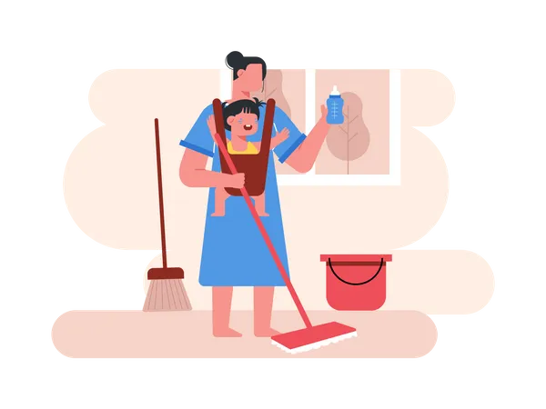 Mother doing housework while carrying kid  Illustration