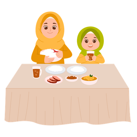 Mother doing Iftar with daughter  Illustration