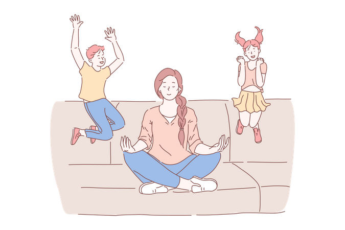 Mother doing meditation and kids jumping on couch  Illustration
