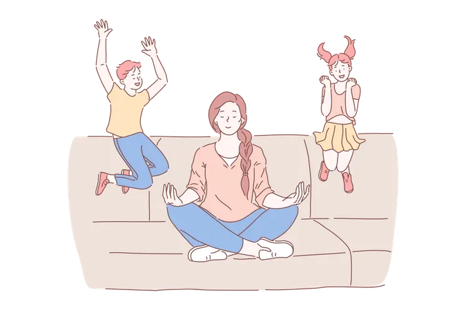 Mother doing meditation and kids jumping on couch  Illustration