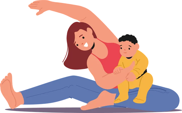 Mother doing stretching exercise while holding baby  Illustration