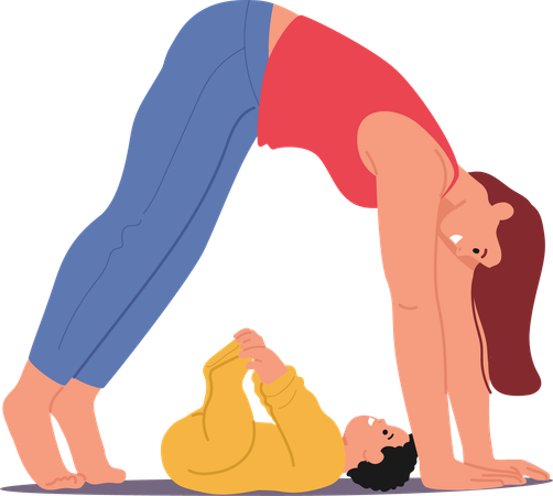 Mother doing yoga while playing with her baby  Illustration