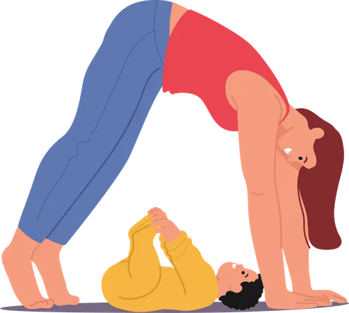 Mother doing yoga while playing with her baby  Illustration