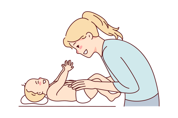 Mother dressing baby with diaper  イラスト