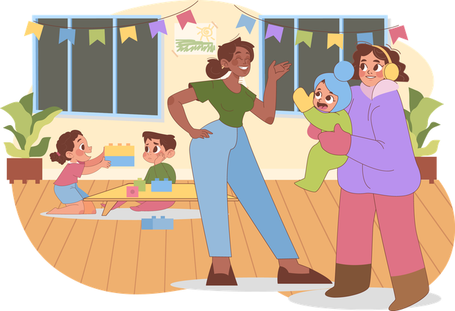 Mother Drop Baby at Nursery  Illustration