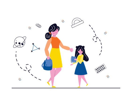 Mother dropping daughter to school Illustration