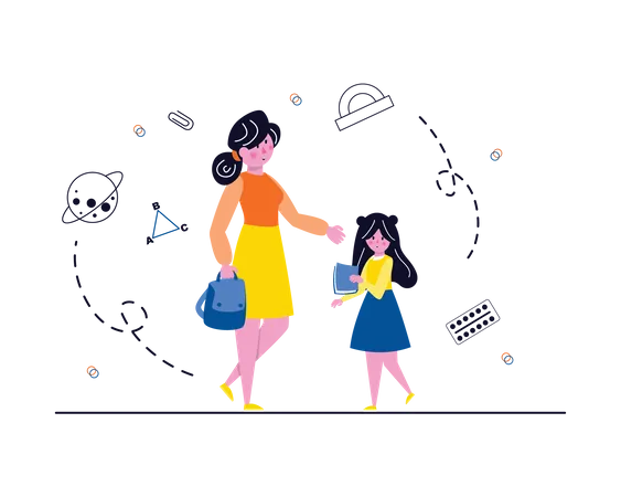 Mother dropping daughter to school Illustration