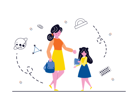 Mother dropping daughter to school  Illustration