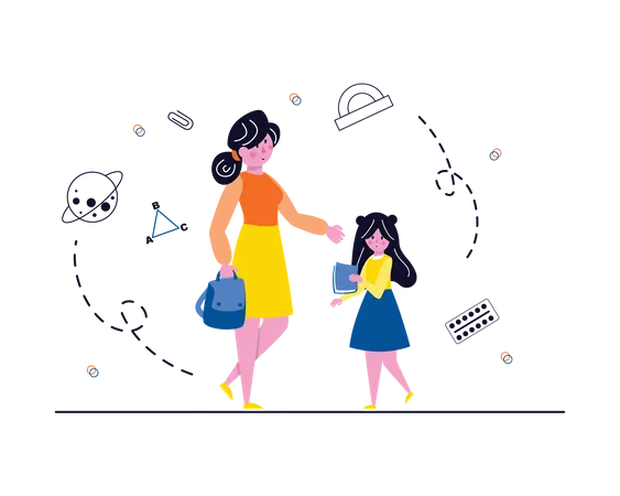 Mother dropping daughter to school  Illustration