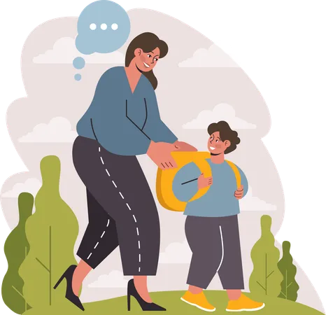 Mother dropping her child with school bag  Illustration