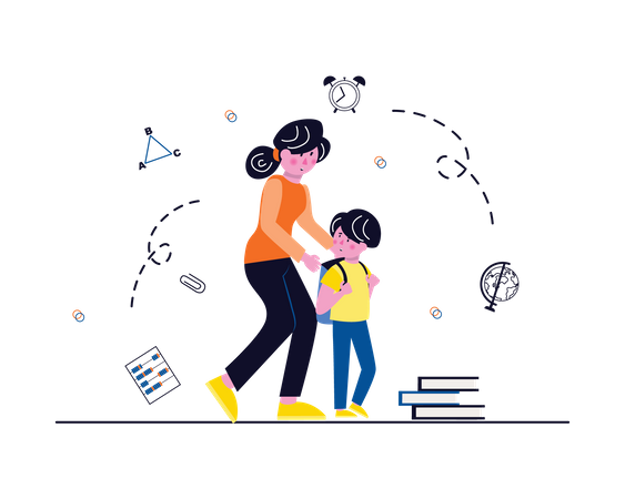 Mother dropping son at school Illustration