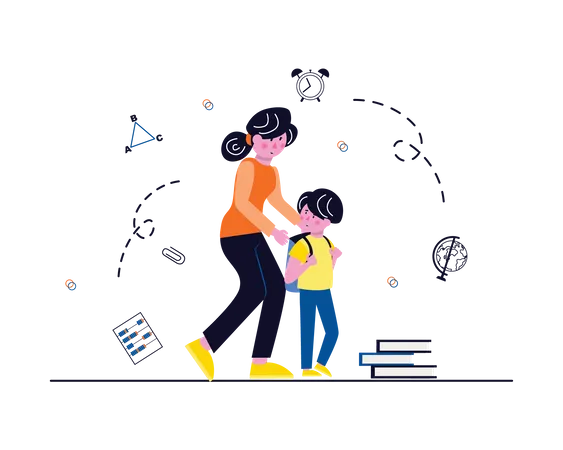 Mother dropping son at school  Illustration