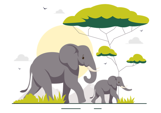 Mother elephant rooming with baby elephant in jungle  Illustration