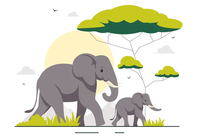 Mother elephant rooming with baby elephant in jungle  Illustration