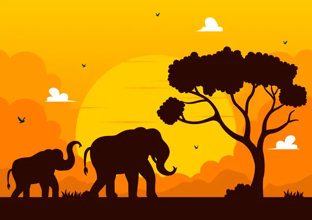 Mother elephant rooming with baby elephant in jungle  Illustration