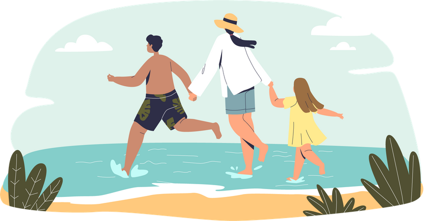 Mother enjoying beach with kids  Illustration